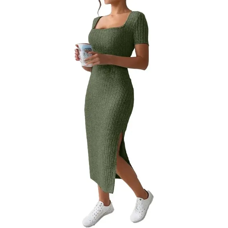 Verão pescoço quadrado hip-abraçando saia de comprimento médio de manga curta versátil vestido de malha com fenda