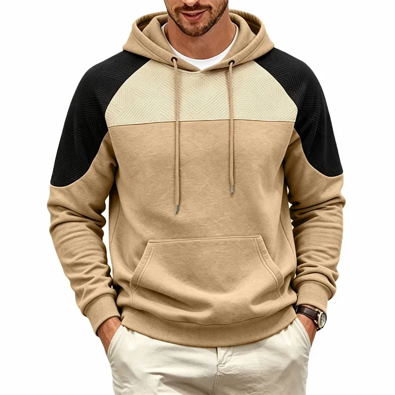 Autumn Winter Men Color Block Raglan Hoodie Textured Chest Panel Drawstring Kangaroo Pocket Loose Casual Streetwear Sweatshirt