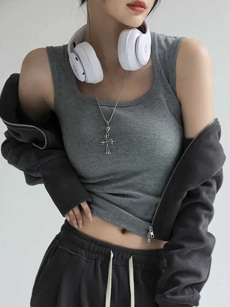 女款純色 U 領羅紋背心吊帶背心女式夏季基本款彈性背心 U 領純色背心