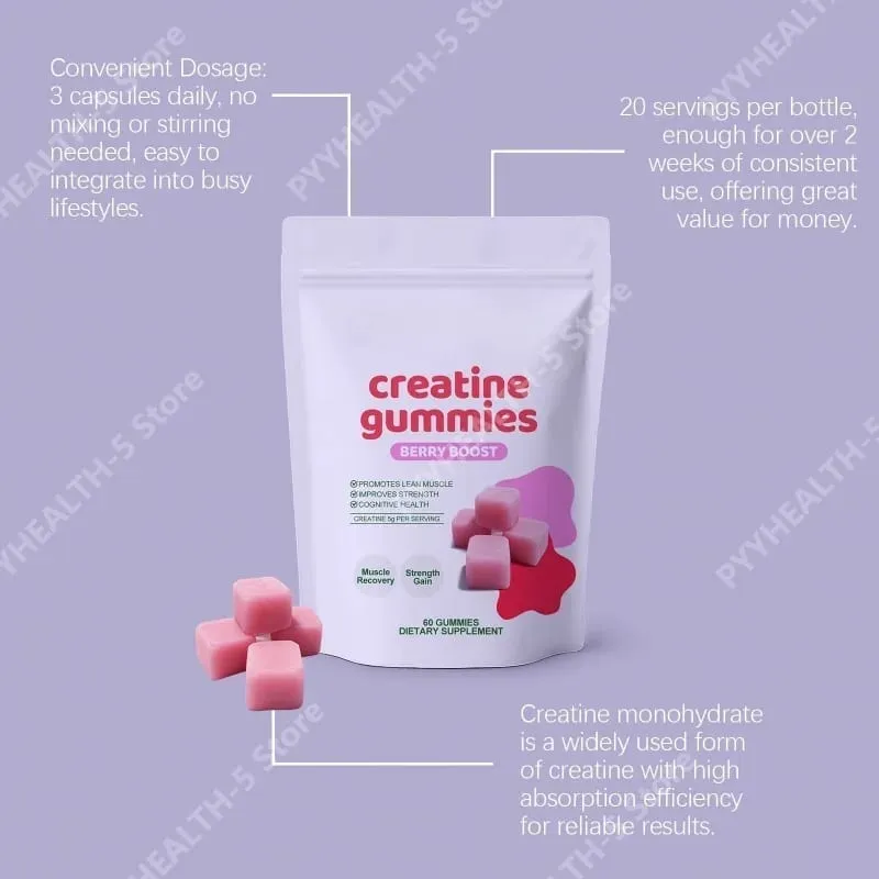Suplemento de goma mastigável de gomas de creatina para suporte diário, servindo 3 gomas, total de 60 gomas