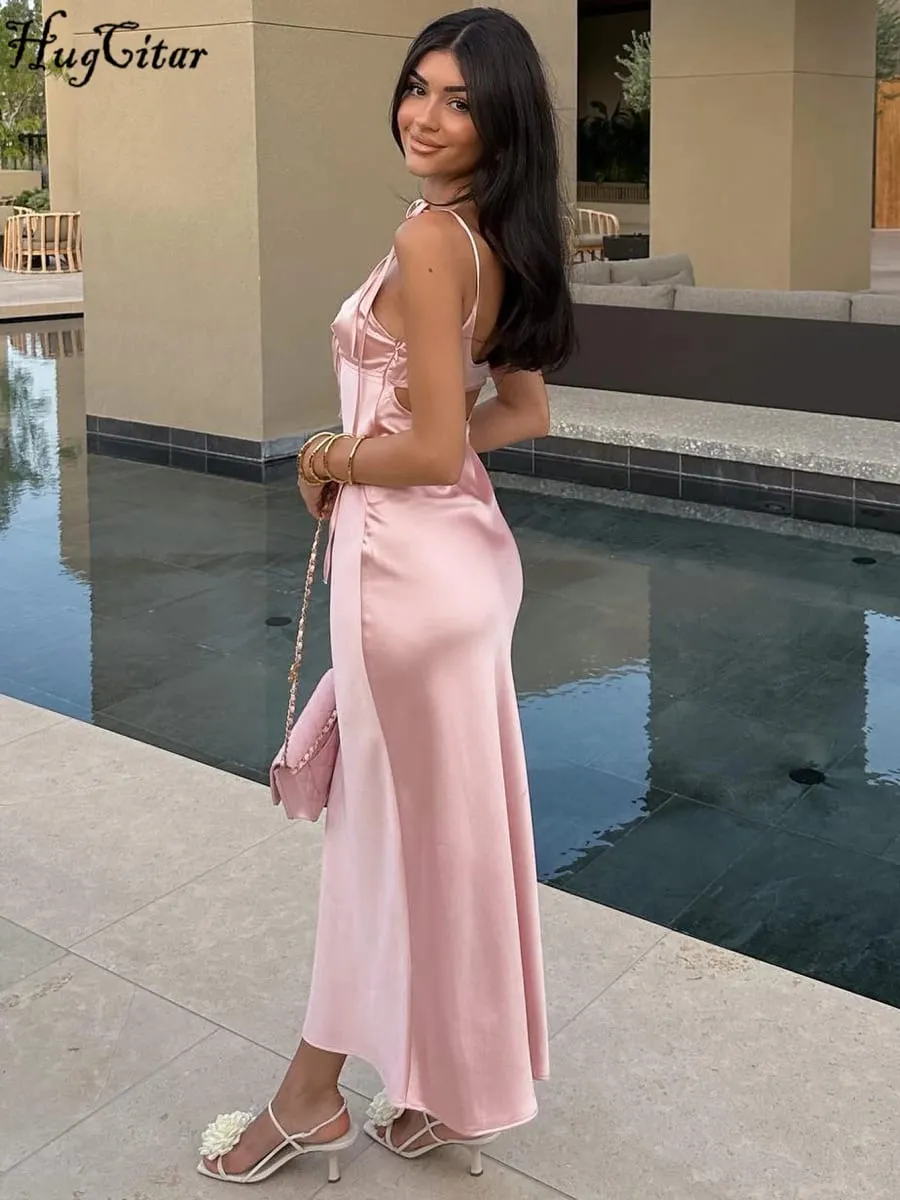 Hugcitar V Neck Solid Slips Backless Hollow Out Lace Up Sexy Bodycon Maxi Prom Dress Summer Women Elegant Outfits Birthday Party