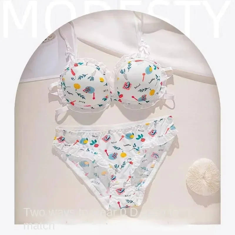 Strawberry 100% Lolita Collection Small Breasts Thin Cartoon Print Underwear Without Wire Back Pure Desire Bra Cover