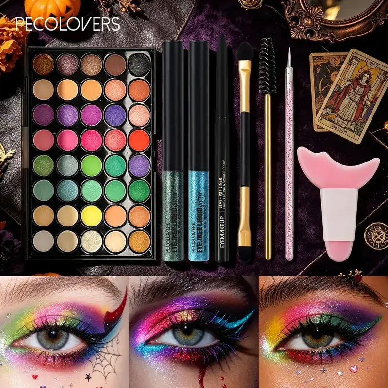 8 pçs/set halloween carnaval maquiagem dos olhos cor brilhante paleta de sombra brilho líquido delineador sobrancelha caneta pincéis de olho