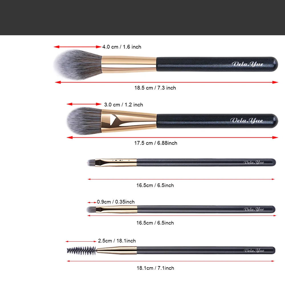 Vela.Yue Conjunto de pincéis de maquiagem 5 peças, base em pó, blush, bronzer, iluminador, contorno, delineador, sobrancelha, brilho labial