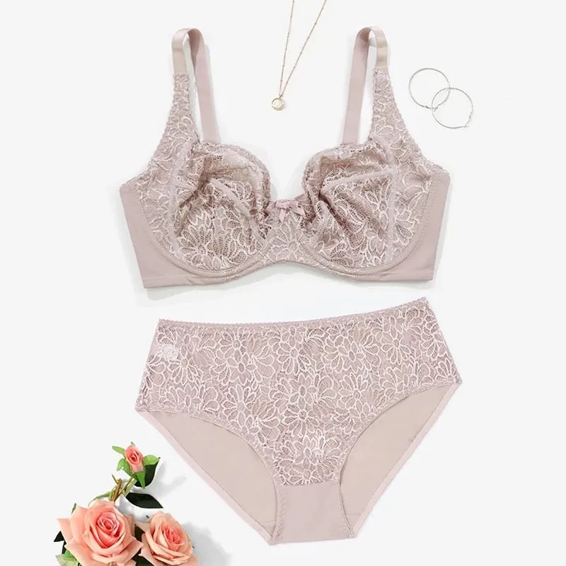 Female Big Size Lace Lingerie Set Bra with Wire Unlined Thin Breathable Bra and Panties Set 85C-110E