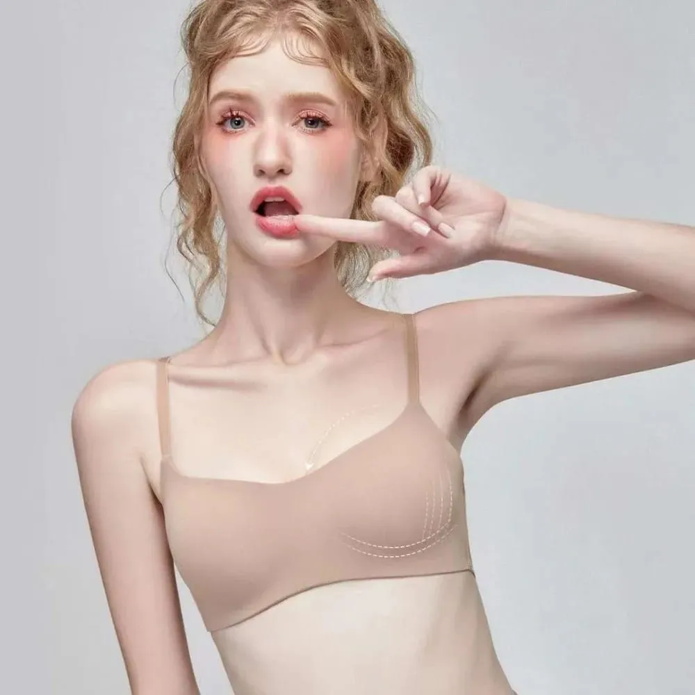 Sutiã sem fio macio e confortável, copo fino, material elástico, push up, elástico, design reunido, sem costura, lingerie, beleza