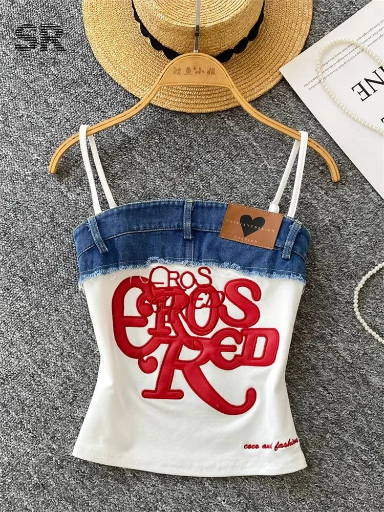 Americano retro y2k cinta topos carta bordado denim retalhos design de moda feminina hotsweet streetwear magro topo de colheita — image 3