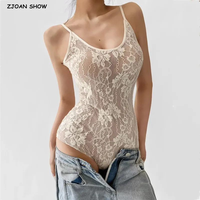 Sexy ver através de renda com forro sem costas cinta de espaguete bodysuit mulher estilingue apertado macacão curto ajuste fino macacão playsuits