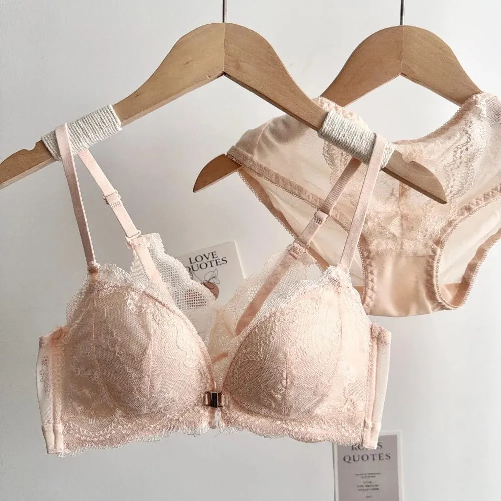 Feminino pequeno busto conjunto de sutiã de renda fechamento frontal sem fio bonito volta push‑up sutiã macio diário lingerie tamanho 32‑38ab