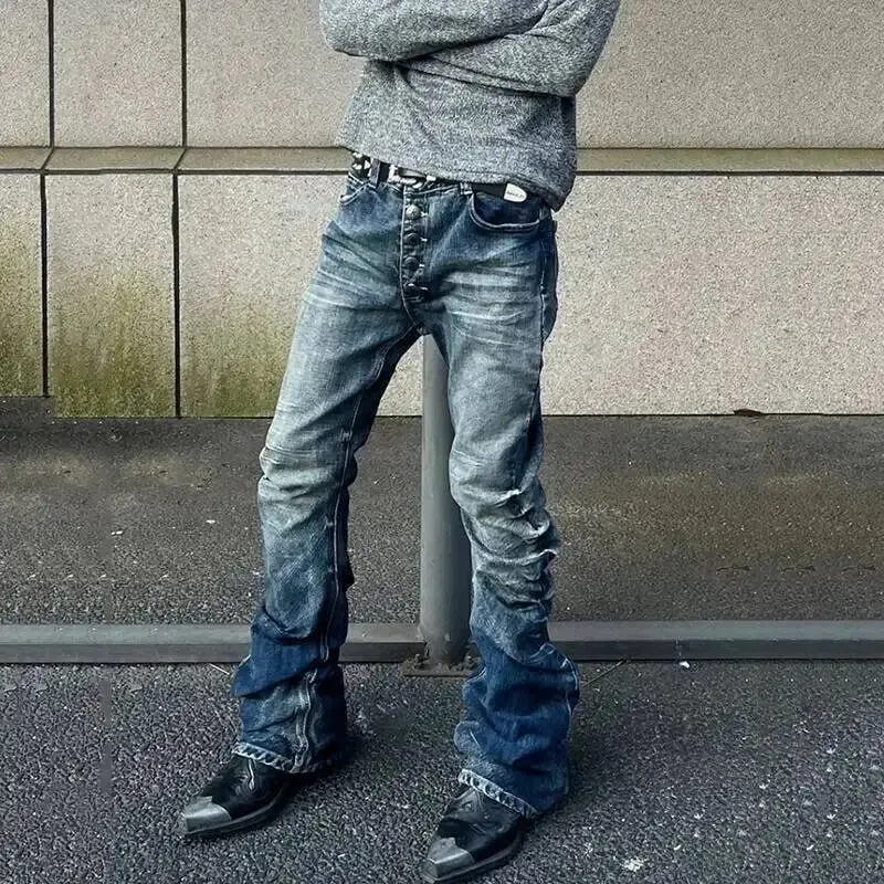 Calça jeans masculina estilo americano, botão de lavagem, design plissado, jeans solto, cor contrastante, casual, fundo masculino, vintage 4k5156 — image 3