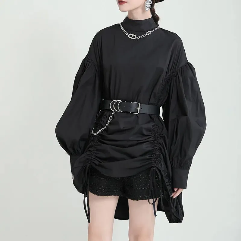 2025女裝不規則抽繩大尺寸白色襯衫新款立領長袖襯衫時尚潮春秋