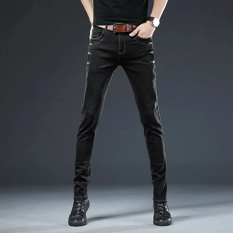 Novos homens magro botão preto jeans magros cor sólida estiramento skate multi-botão juventude masculino calças jeans
