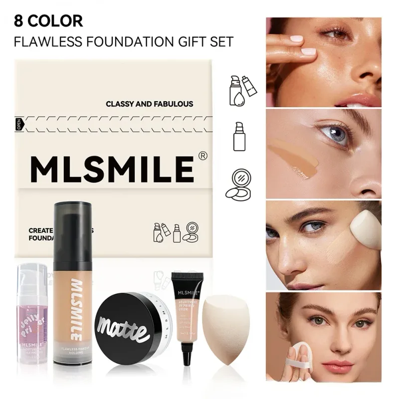 Conjunto de maquiagem facial tudo em um, base líquida em pó, primer e ovo para acabamento fosco de longa duração
