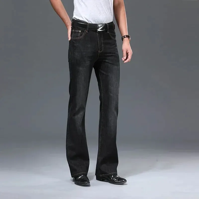 Denim queimado calças de brim dos homens boot corte denim calças confortáveis ​​ligeiramente magro clássico solto casual azul preto para masculino bootcut