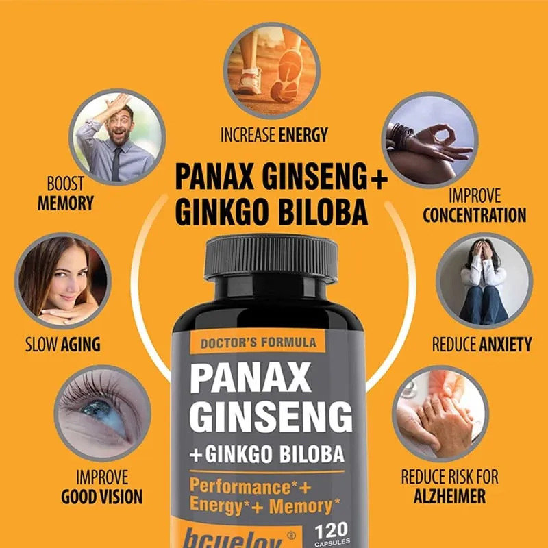 Cápsulas de extrato de Ginseng + Ginkgo Biloba - Ajuda a melhorar a energia e a vitalidade, memória anti-envelhecimento, saúde do cérebro e da visão — image 3