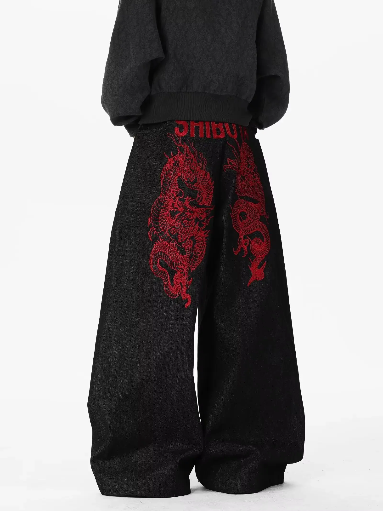 Calça jeans americana retrô bordada, hip-hop, adequada para homens e mulheres, y2k, calça legal até o chão, pernas largas