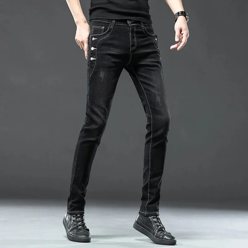 Novos homens magro coreano botão jeans preto magro cor sólida estiramento multi-botão juventude masculino calças jeans streetwear