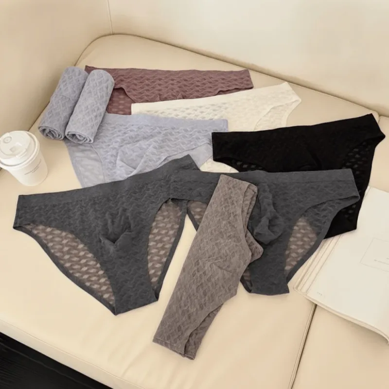 Calcinha de malha fina roupa interior masculina transparente cintura baixa cuecas de seda gelo bolha u convexo bolsa masculina cuecas triângulo masculino