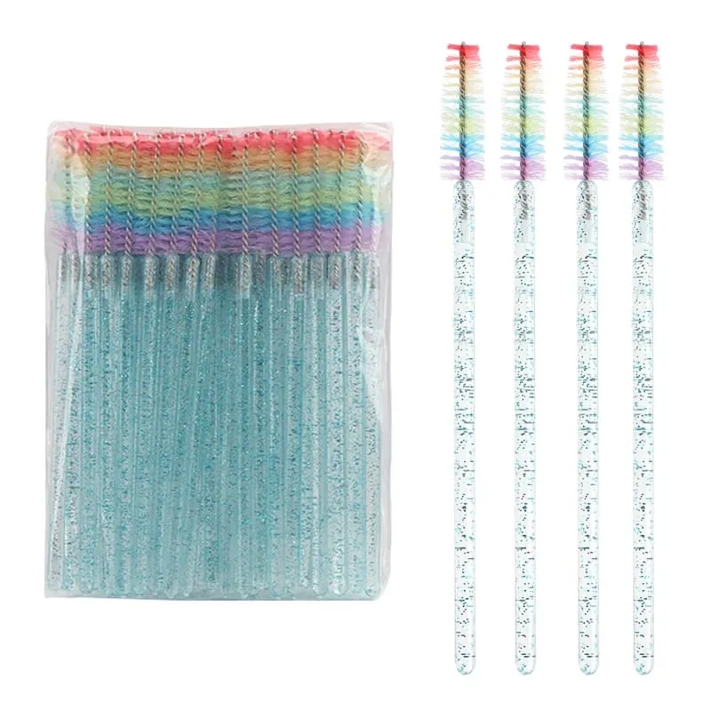 50 pçs escova de cílios de cristal descartável lash extensão pincéis de maquiagem rímel varinha aplicador sobrancelha pente arco-íris microbrush