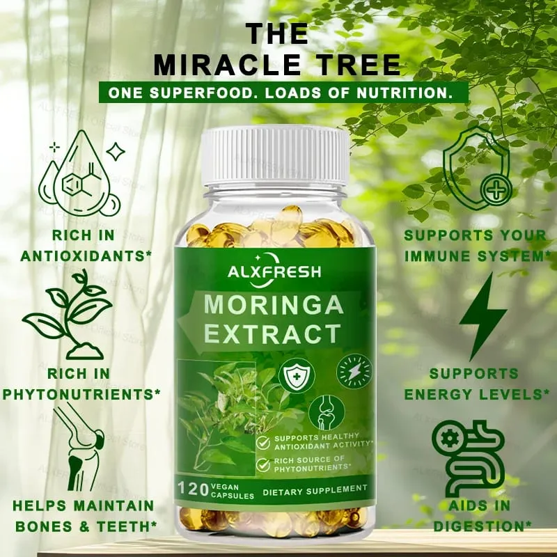 Cápsulas de Moringa apoiam os níveis de energia Sistema imunológico e saúde digestiva Mantêm a saúde dos ossos e dentes Poderoso antioxidante