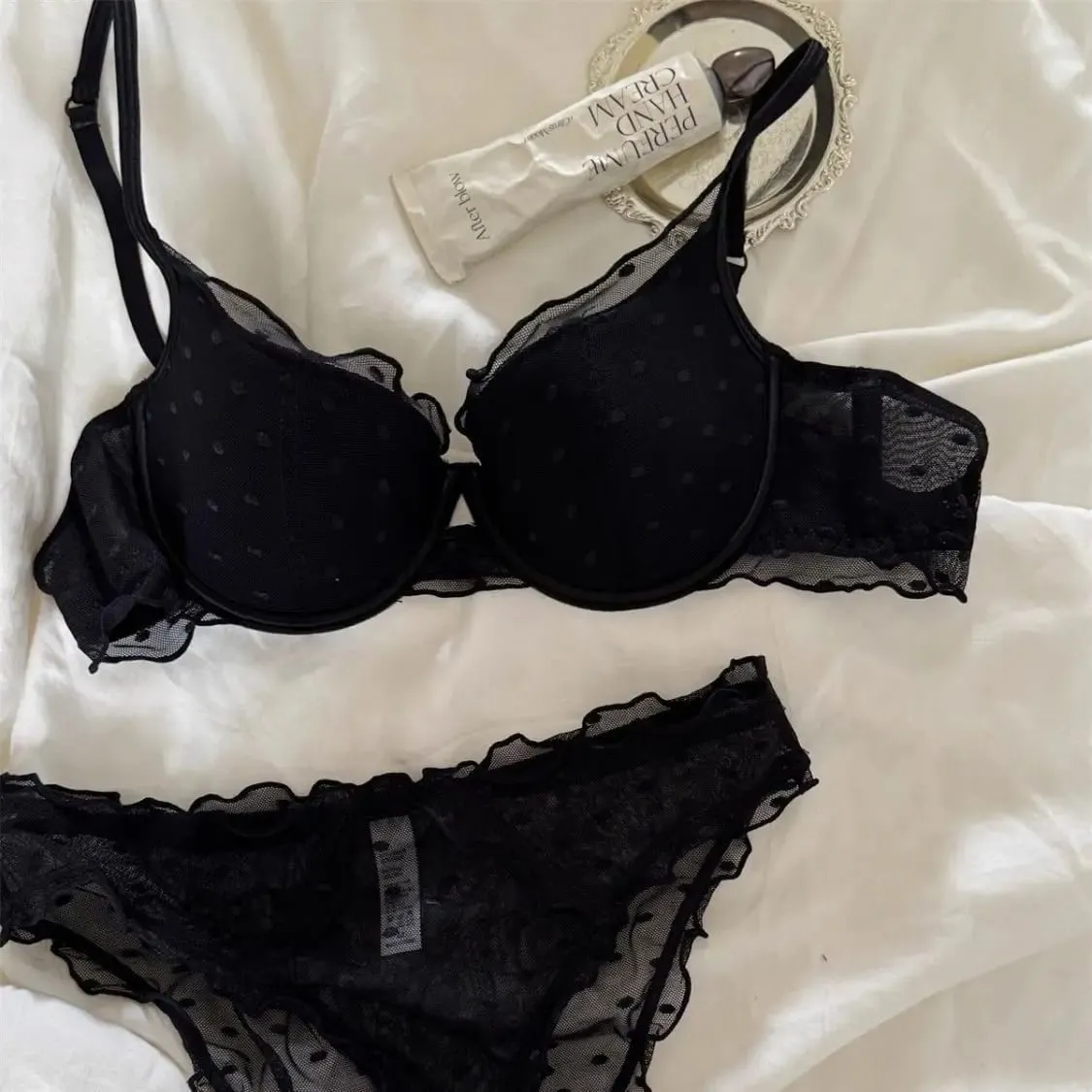 Sutiã de bolinhas de renda francesa conjunto de duas peças pequeno peito coleta e levantamento anti-flacidez lateral conjunto de lingerie de coleta de peito — image 1