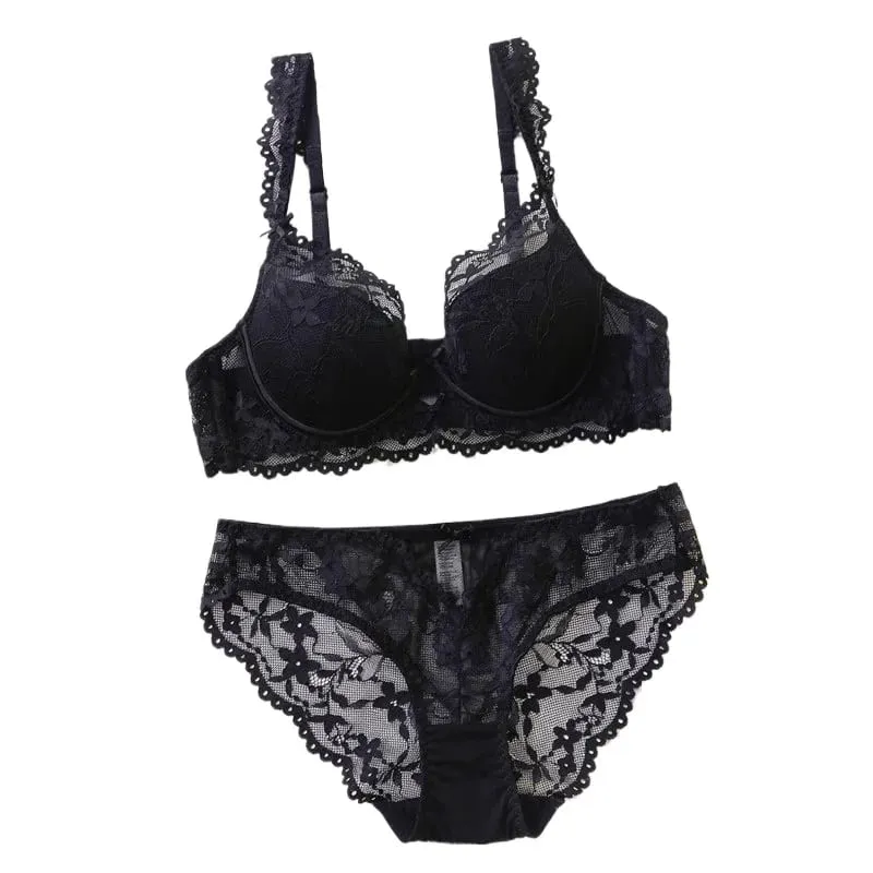 Senhoras macio underwire renda push up sutiã conjunto sólido design floral bralette conforto conjunto de lingerie feminina adequado para a/b/c cup