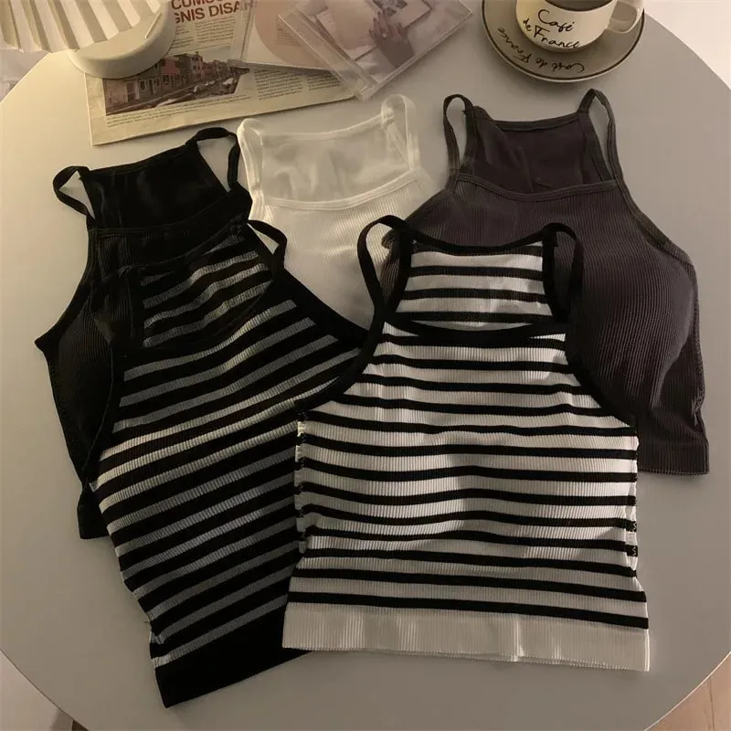 韓版女背心螺紋純色休閒時尚短上衣搭配胸墊條紋無袖外套基本款吊帶背心