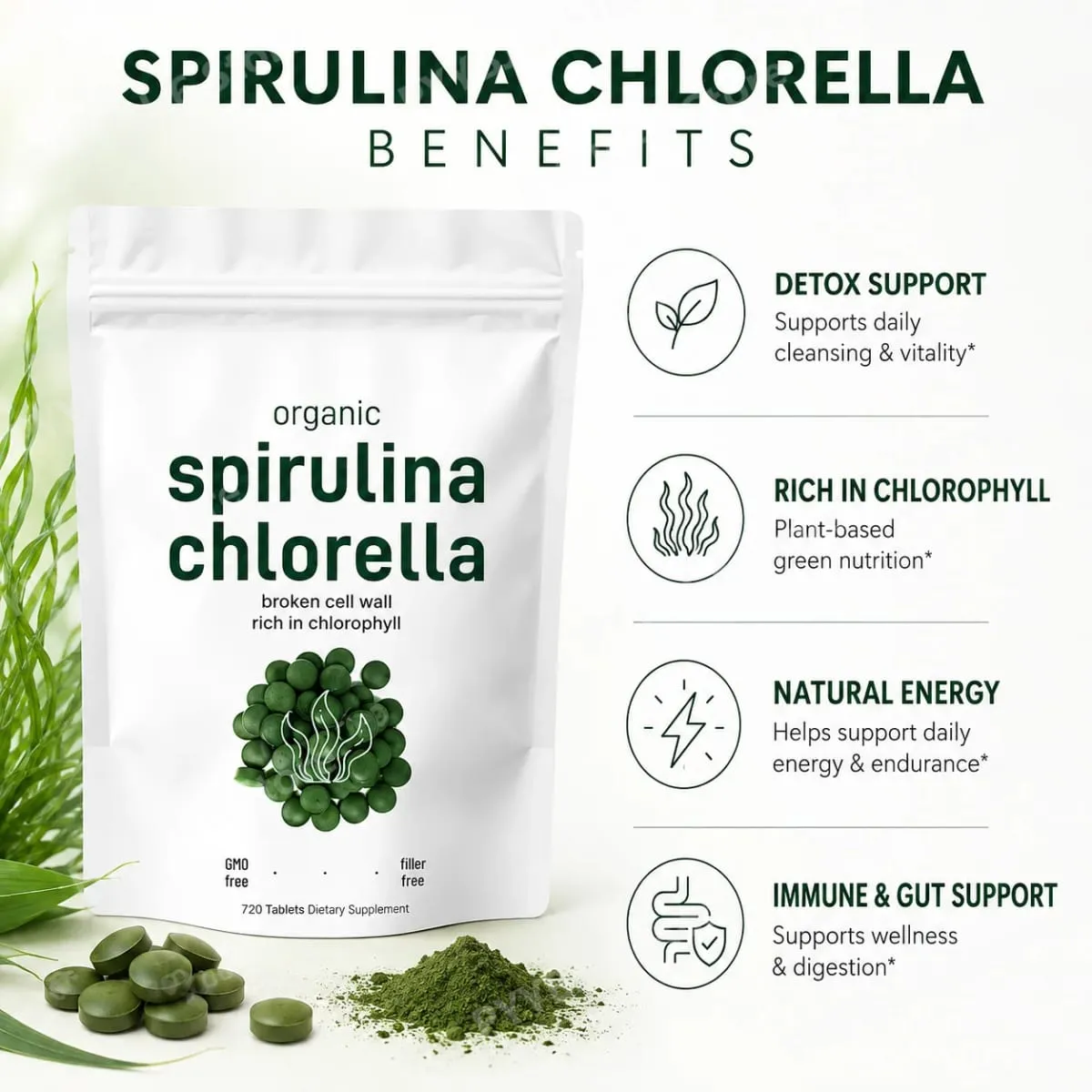 Comprimidos orgânicos de Spirulina Chlorella 3000mg Mistura de superalimento de 720 contagens com proteína vegana, energia, imunidade, suporte digestivo — image 3