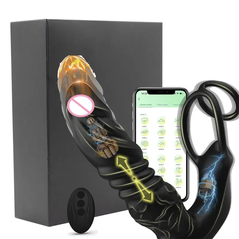 Vibrador de impulso de anel duplo telescópico, massageador de próstata masculino 5 em 1, plugue vibratório, brinquedo sexual adulto masculino