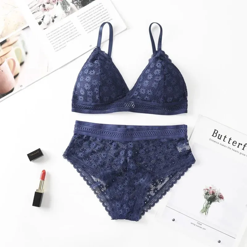 Lace Back Women Bra Set Without Steel Rims French Triangular Cup Comfortable Chest Covering Stretchable Skin Friendly Underwear