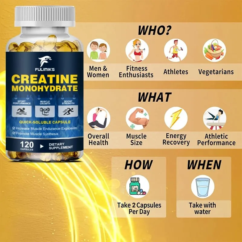 Cápsulas de monohidrato de creatina de alta potência 3000 mg apoiam o crescimento muscular, desempenho atlético, níveis de energia e academia diária