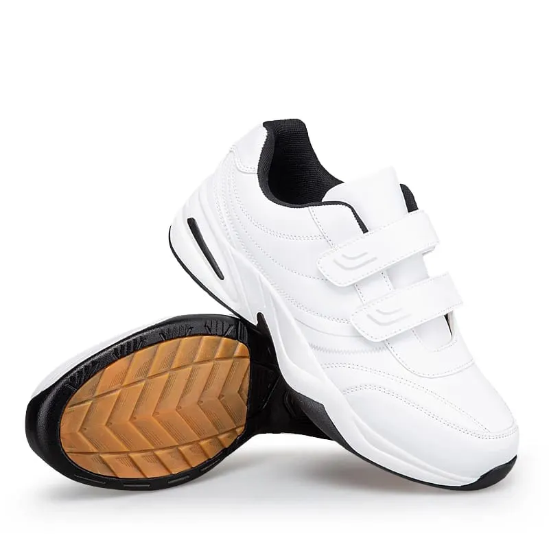 Tênis masculino ajustável de couro com gancho e laço, preto puro, sapatos esportivos casuais, tamanho grande 47 48, sapatos para caminhada para idosos