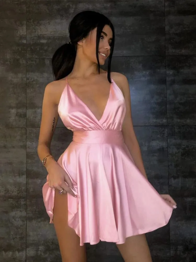 Verão sexy 2000s europeu e americano cor sólida com decote em v arco high street estilo vintage emo cinta vestido cinta a linha curto dres — image 2