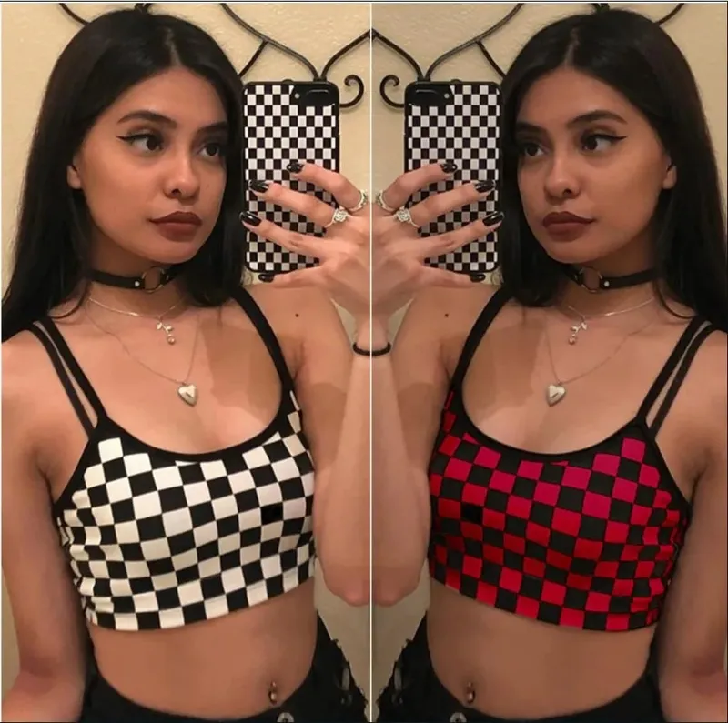 Preto vermelho xadrez xadrez tanque superior halter feminino nu midriff colheita topos camis moda tubo superior feminino sem mangas colete cortado