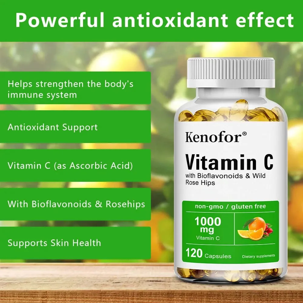 Vitamina C 1000 mg - com Rosa Mosqueta Cítrica Suporte Imunológico Produção de Colágeno Antioxidante para a Saúde da Pele 120 Cápsulas