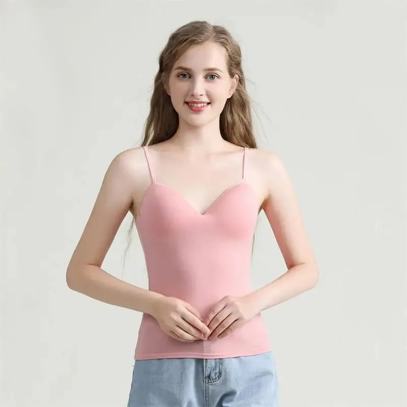 Novo sutiã acolchoado ajustável regata feminina modal espaguete sólido cami top colete feminino camisola com sutiã embutido roupas de fitness