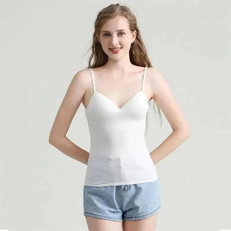 Novo sutiã acolchoado ajustável regata feminina modal espaguete sólido cami top colete feminino camisola com sutiã embutido roupas de fitness