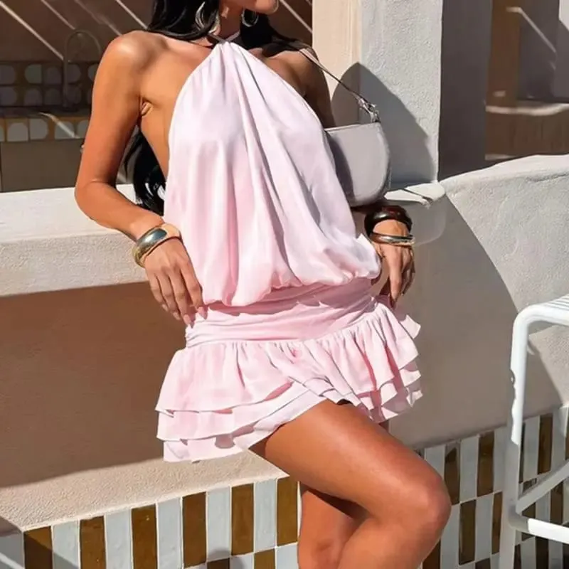 Bandage Solid Elegant Halter Backless Mini Dress Y2K Corset Party Streetwear Slim Sexy Ladies Fashion Vintage Sundress Outfits