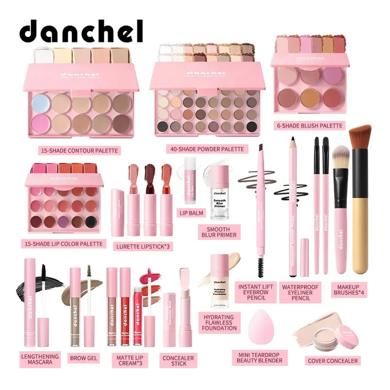 Conjunto de maquiagem tudo em um, reunindo todos os cosméticos, incluindo base, corretivo, pó, blush, sobrancelha, lábios, maquiagem
