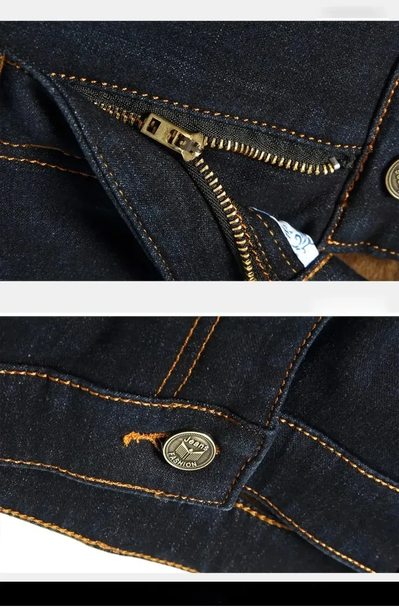 Calça jeans masculina refletiva com forro de lã – forro grosso e quente, jeans durável e acabamento reflexivo, seguro para viagens noturnas de inverno e casual