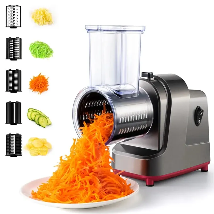 250W 5 in 1 Affettatrice di Verdure Elettrica Trituratore Automatico Sparatutto per Insalata Macchina Grattugia per Formaggio Carota Cavolo Cutter JT253