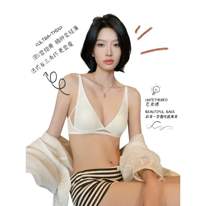 Sutiã triangular francês com orelha de coelho, sutiã sem fio em v profundo para busto pequeno, sem lacuna, conjunto de lingerie sexy respirável, verão fino