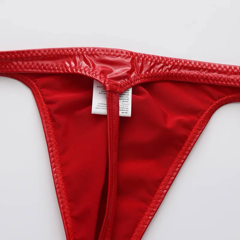 Cuecas masculinas de couro falso brilhante, cuecas g-string com alça fina, cintura baixa, lingerie masculina, lingerie com costas em t