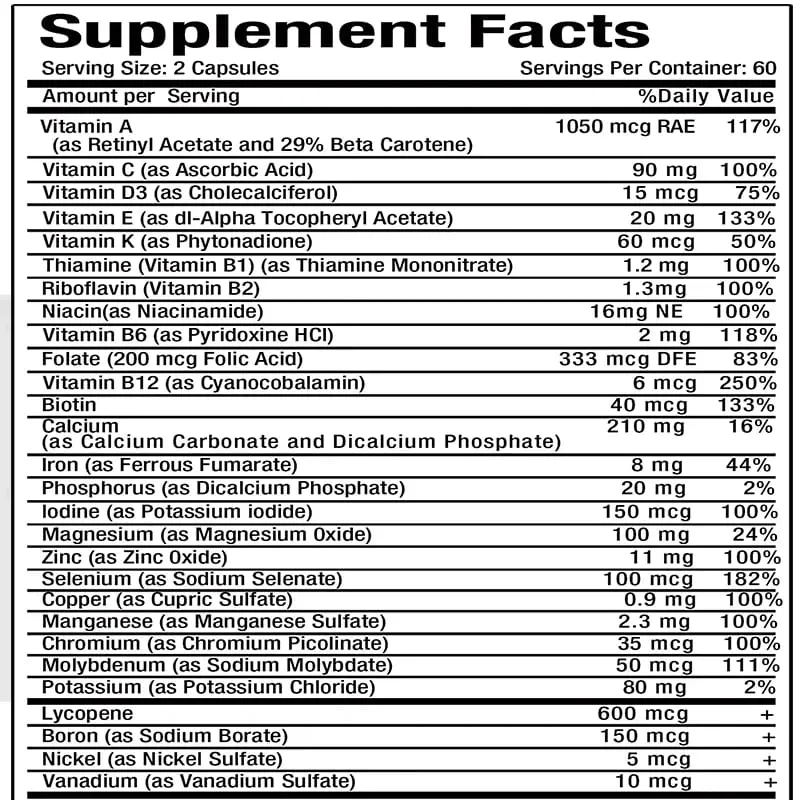 Men's 50+ Daily Super Multivitamin High Potency Formula for Brain Eye & Heart Health Vitamins A C D E K B1 to B12 Gluten Free