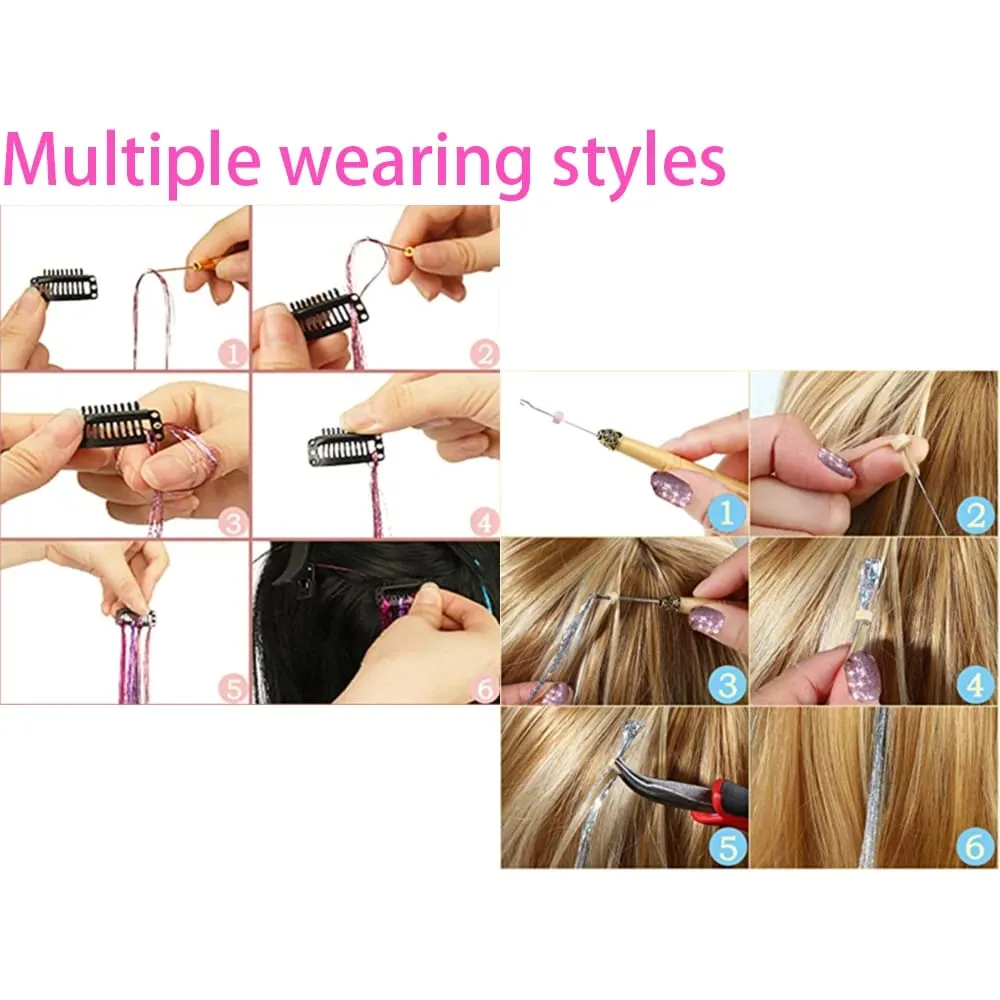 Extensões de cabelo sintéticas brilhantes, 93/120cm, fios coloridos de arco-íris, para meninas, cabelo, decoração falsa a laser