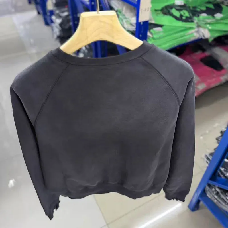 26FW Vintage Washed Carbon Gray Splash-Ink Damaged Hole Pullovers Men Women Best Quality Patchwork Saint Crewneck Sweatshirts
