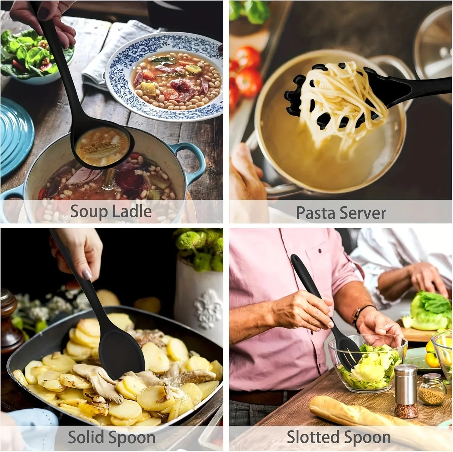 1 ‌ /7-Piece Silicone Kitchen Utensil Set - Non-Stick Spatula Spoon Skimmer Pasta Clip & More for Cooking & Baking