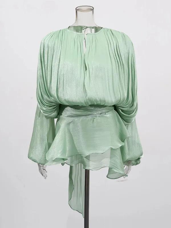 Blusa sólida mini vestidos para mulheres com decote em v manga longa emendado rendas até vestido estilo doce roupas femininas moda — image 14
