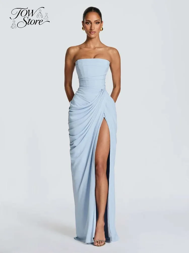 Mulheres sexy sólido plissado vestido sem alças senhora chique fora do ombro sem costas cintura alta vestidos divididos 2026 verão vestido de festa à noite — image 1