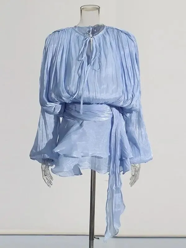 Blusa sólida mini vestidos para mulheres com decote em v manga longa emendado rendas até vestido estilo doce roupas femininas moda — image 9